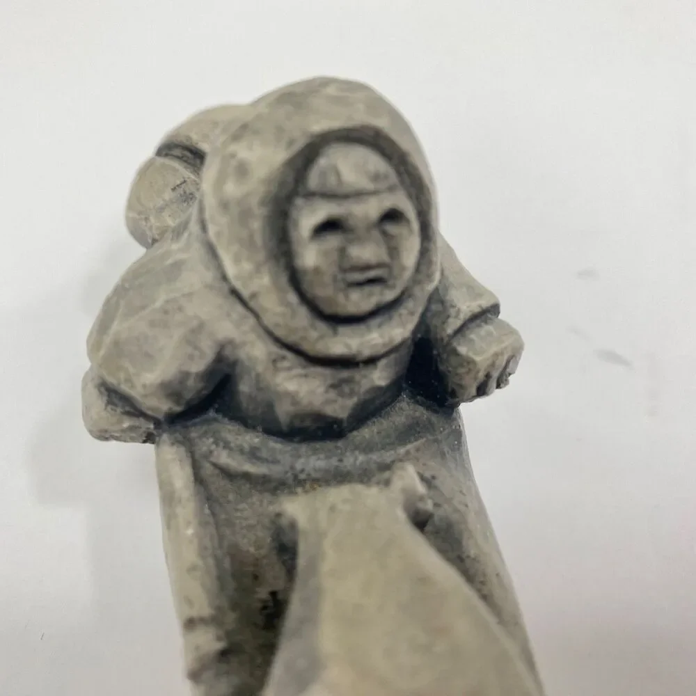 Alaskan Hand Carved Soapstone Inuit Kayak Seal Hunter & Small Wood Sculpture